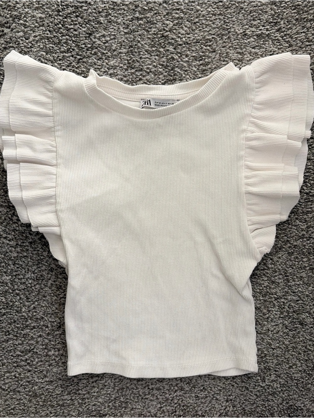 Zara White Ribbed Flutter Sleeve Tee